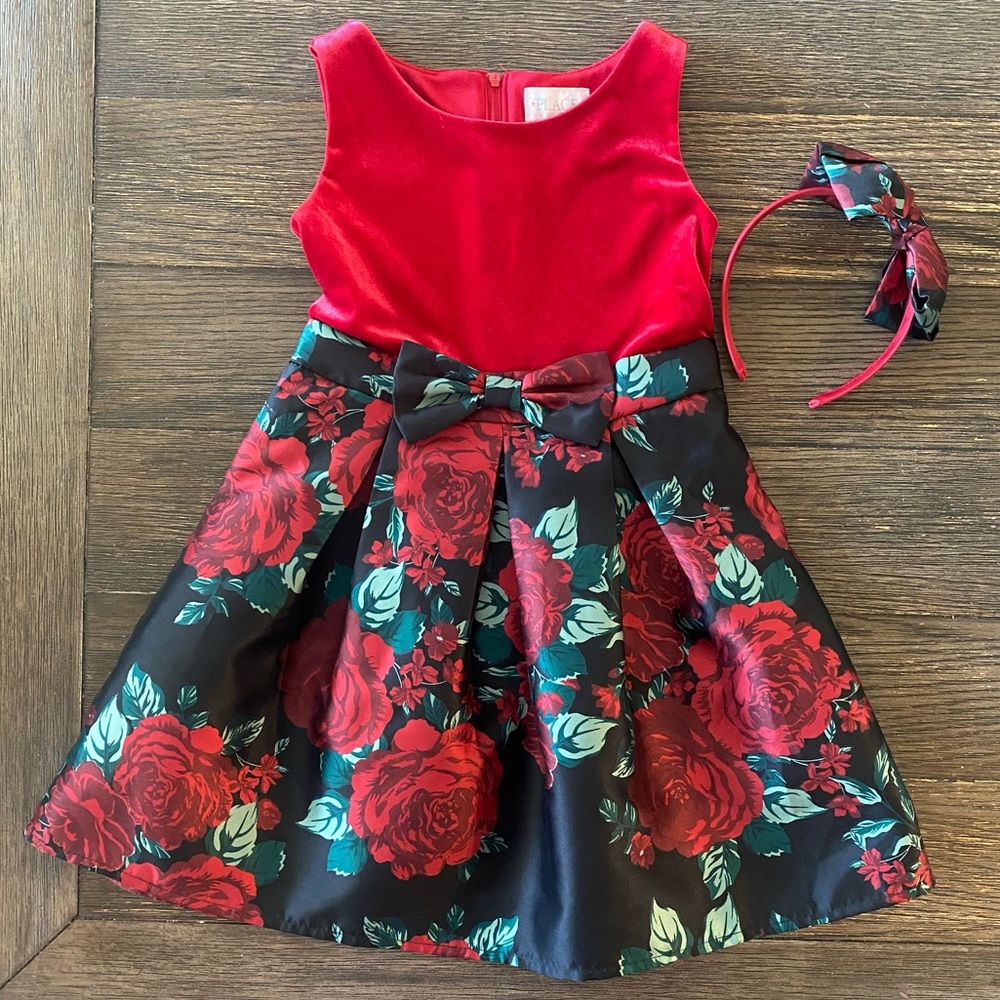 Place Dress Girls 5 w Headband Bow Red Black Floral Event Holiday Twirl Zip
